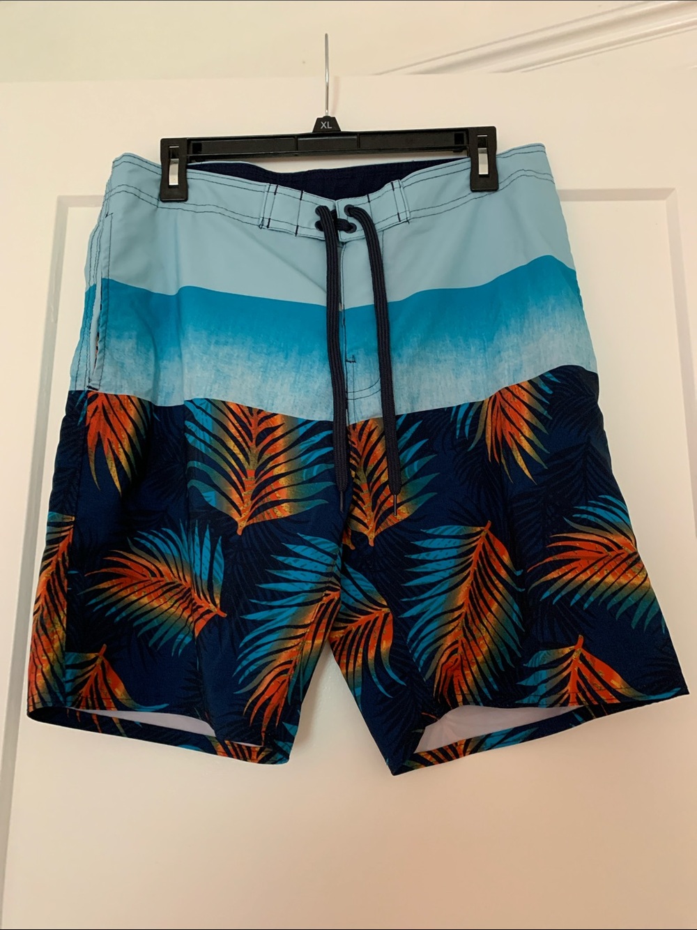 burnside Light Blue & Navy Tropical Leaf Swim Trunks